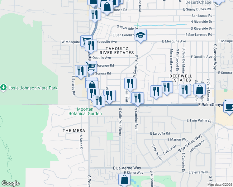 map of restaurants, bars, coffee shops, grocery stores, and more near 435 East Avenida Olancha in Palm Springs
