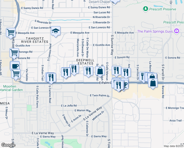 map of restaurants, bars, coffee shops, grocery stores, and more near 1631 Palm Tree Drive in Palm Springs