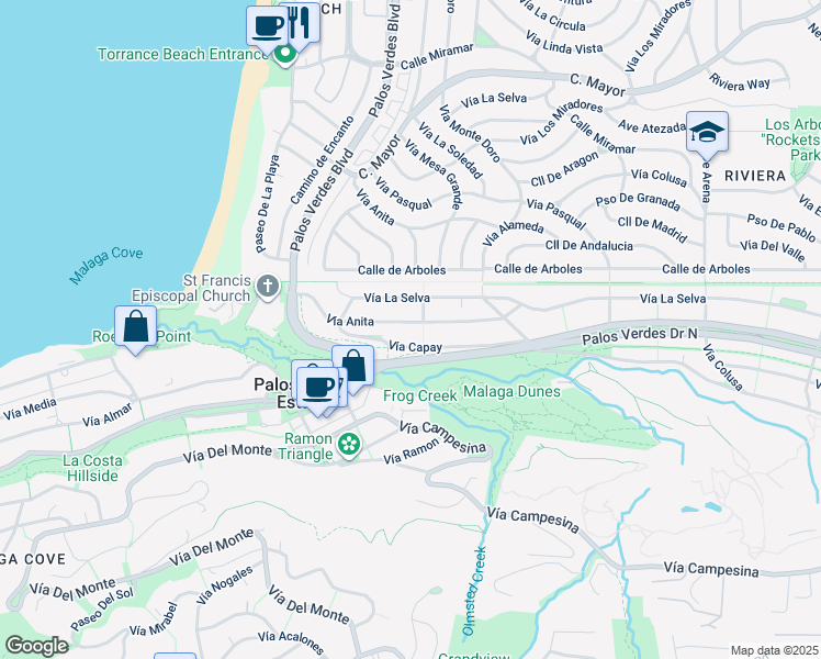 map of restaurants, bars, coffee shops, grocery stores, and more near 2552 Vía Anita in Palos Verdes Estates