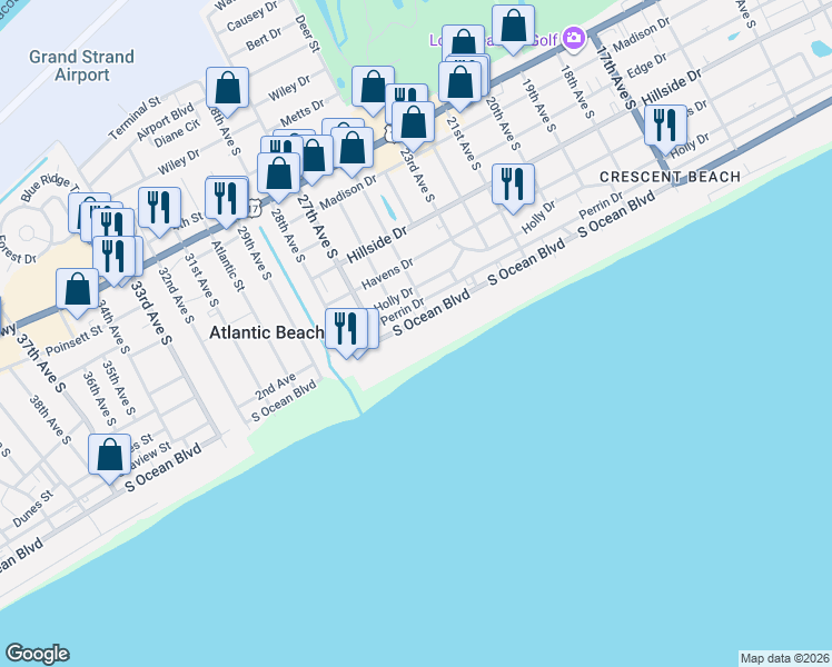 map of restaurants, bars, coffee shops, grocery stores, and more near 2601 South Ocean Boulevard in North Myrtle Beach