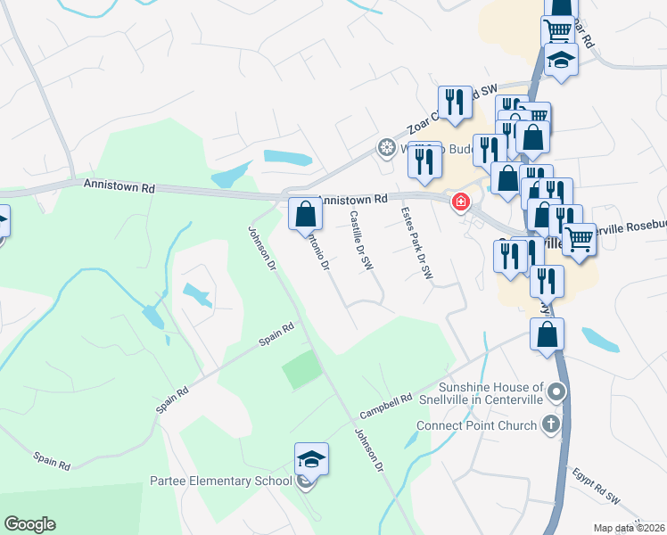 map of restaurants, bars, coffee shops, grocery stores, and more near 3396 San Antonio Drive in Snellville