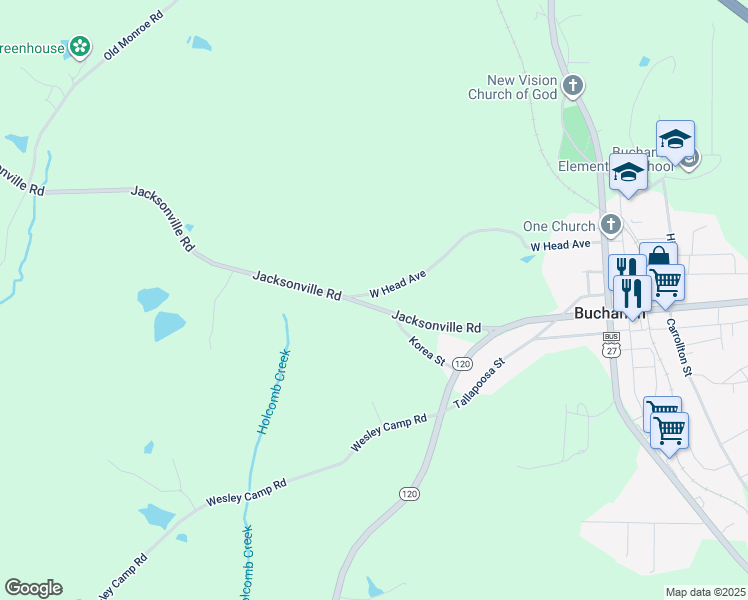 map of restaurants, bars, coffee shops, grocery stores, and more near 27 West Head Avenue in Buchanan