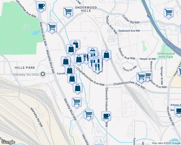 map of restaurants, bars, coffee shops, grocery stores, and more near in Atlanta