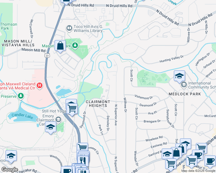 map of restaurants, bars, coffee shops, grocery stores, and more near 844 Heritage Square in Decatur