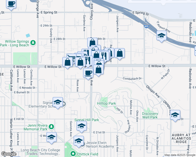 map of restaurants, bars, coffee shops, grocery stores, and more near 2450 Cherry Avenue in Signal Hill