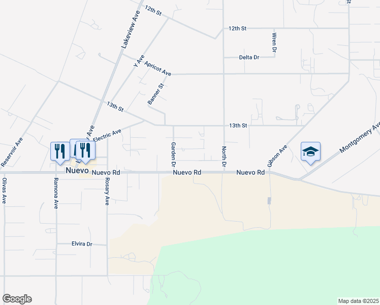 map of restaurants, bars, coffee shops, grocery stores, and more near 30181 Westbrook Drive in Nuevo