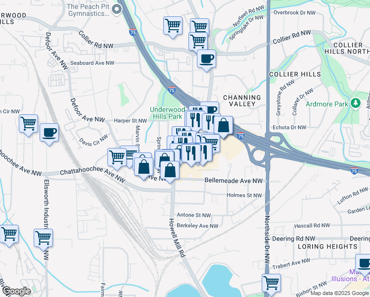 map of restaurants, bars, coffee shops, grocery stores, and more near 1766 Howell Mill Road Northwest in Atlanta