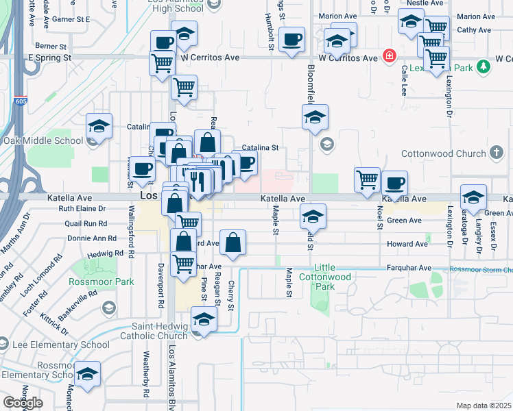 map of restaurants, bars, coffee shops, grocery stores, and more near 3810 Katella Avenue in Los Alamitos