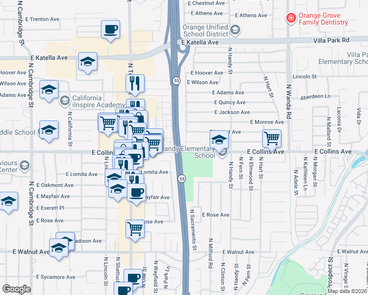 map of restaurants, bars, coffee shops, grocery stores, and more near 914 North Sacramento Street in Orange