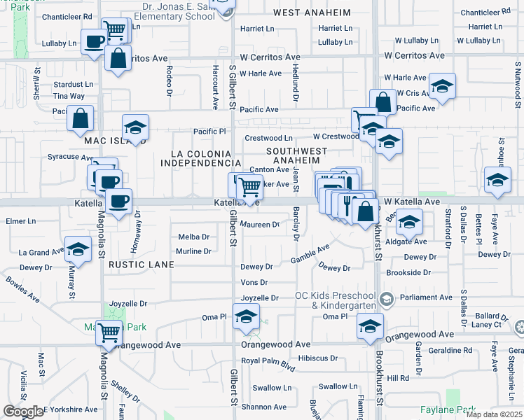 map of restaurants, bars, coffee shops, grocery stores, and more near 9592 Katella Avenue in Anaheim
