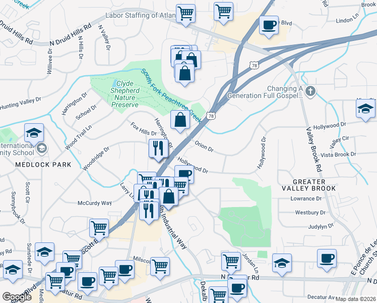 map of restaurants, bars, coffee shops, grocery stores, and more near 849 Constellation Drive in Decatur
