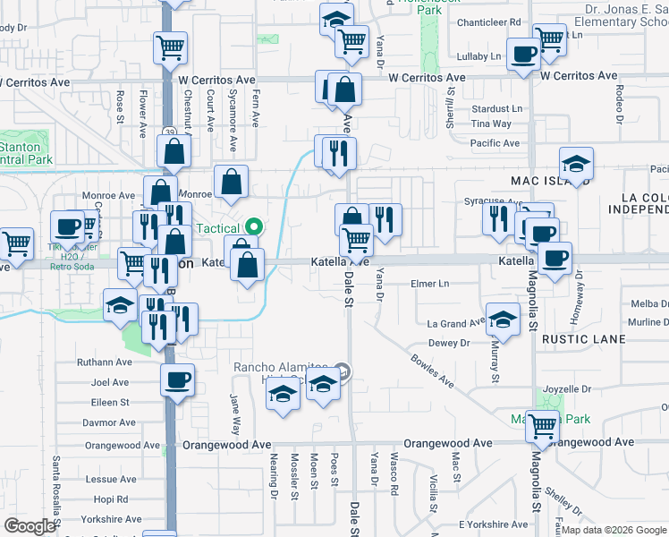 map of restaurants, bars, coffee shops, grocery stores, and more near 8422 Katella Avenue in Stanton