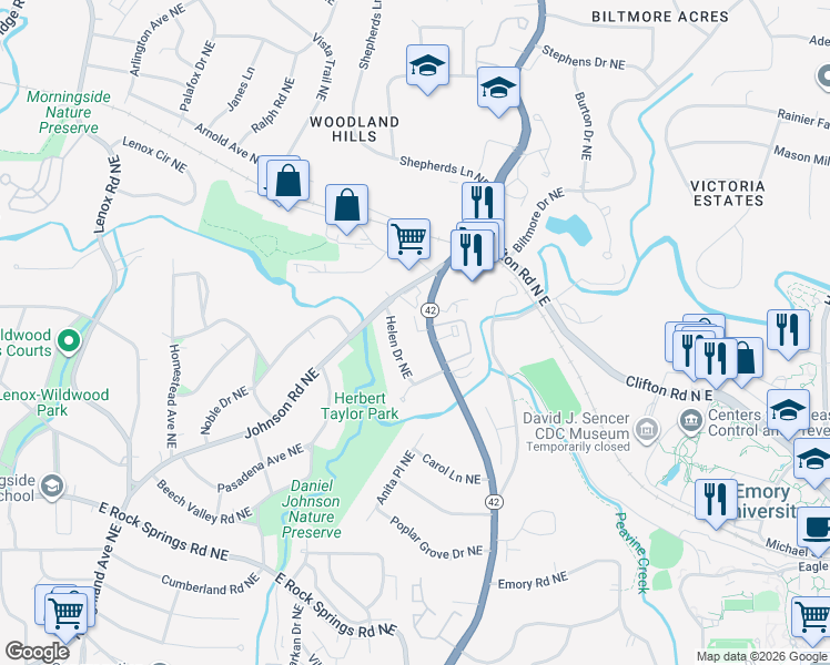 map of restaurants, bars, coffee shops, grocery stores, and more near 1676 Briarcliff Road Northeast in Atlanta