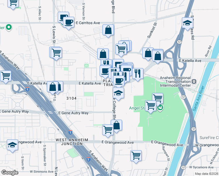 map of restaurants, bars, coffee shops, grocery stores, and more near 1750 Park Street in Anaheim