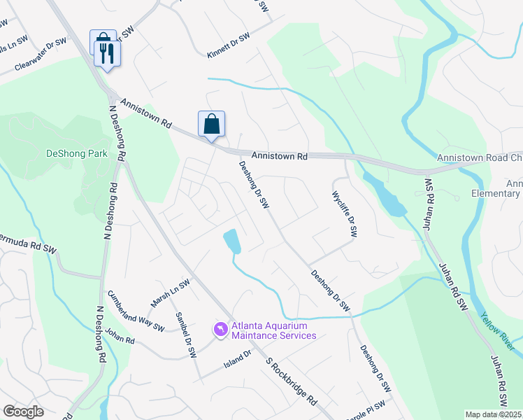 map of restaurants, bars, coffee shops, grocery stores, and more near 2943 Deshong Drive Southwest in Stone Mountain