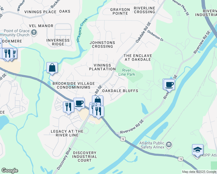 map of restaurants, bars, coffee shops, grocery stores, and more near 1561 Oakdale Bluffs Drive in Mableton
