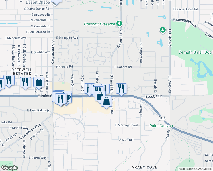 map of restaurants, bars, coffee shops, grocery stores, and more near 2455 Vía Sonoma in Palm Springs