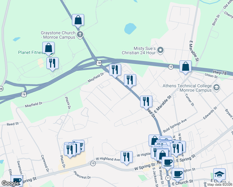 map of restaurants, bars, coffee shops, grocery stores, and more near 506 Launius Avenue in Monroe