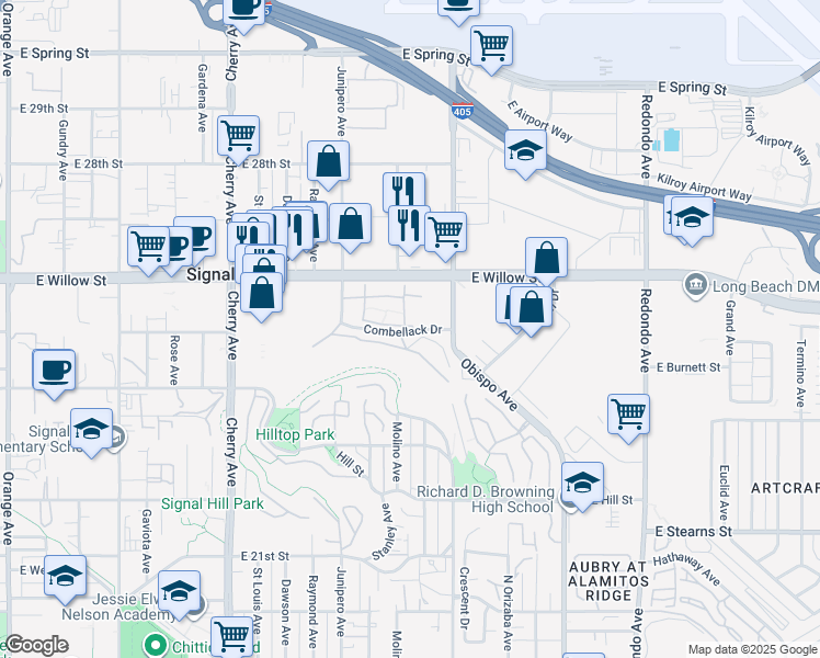 map of restaurants, bars, coffee shops, grocery stores, and more near 2512 Combellack Drive in Signal Hill