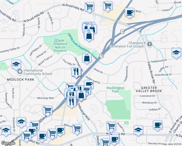 map of restaurants, bars, coffee shops, grocery stores, and more near 849 Constellation Drive in Decatur