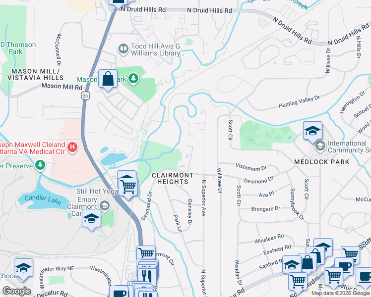 map of restaurants, bars, coffee shops, grocery stores, and more near 844 Heritage Square in Decatur