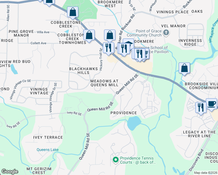 map of restaurants, bars, coffee shops, grocery stores, and more near 6214 Queen Meadow Drive Southeast in Mableton