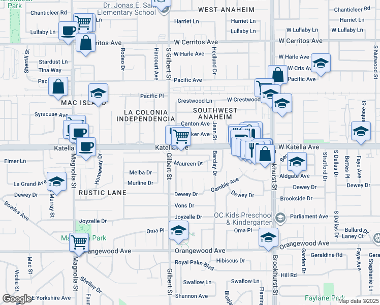 map of restaurants, bars, coffee shops, grocery stores, and more near 9592 Katella Avenue in Anaheim