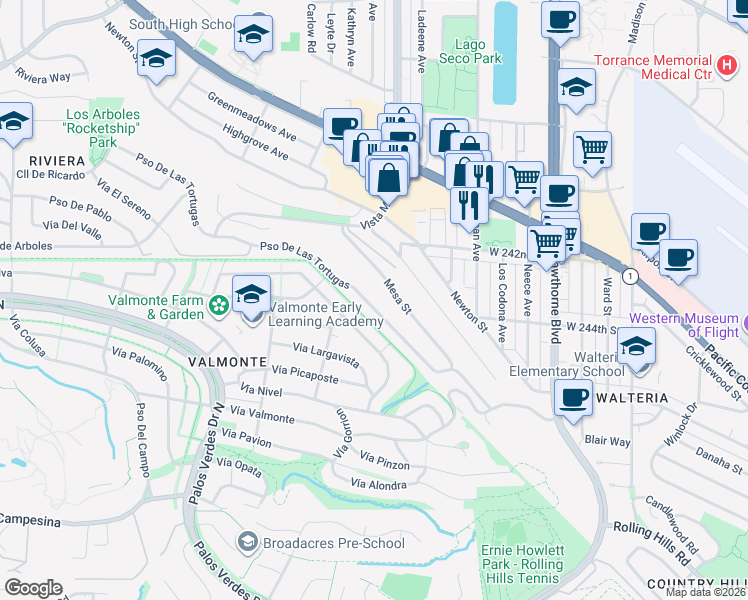map of restaurants, bars, coffee shops, grocery stores, and more near 4201 Paseo De Las Tortugas in Torrance