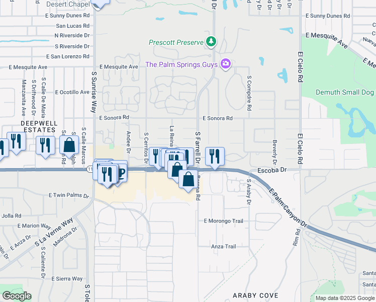 map of restaurants, bars, coffee shops, grocery stores, and more near 2455 Vía Sonoma in Palm Springs