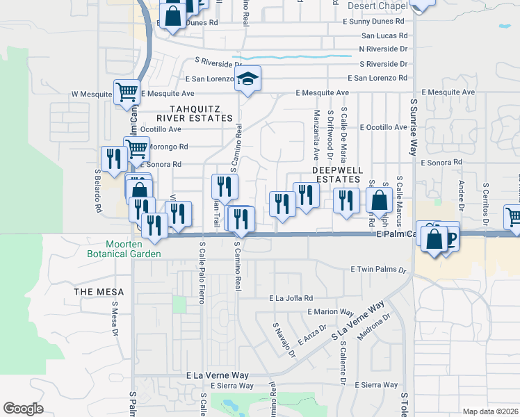 map of restaurants, bars, coffee shops, grocery stores, and more near 1020 East Palm Canyon Drive in Palm Springs