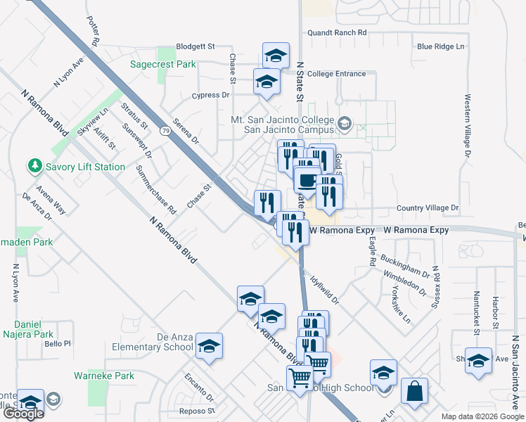 map of restaurants, bars, coffee shops, grocery stores, and more near 858 Acorn Drive in San Jacinto