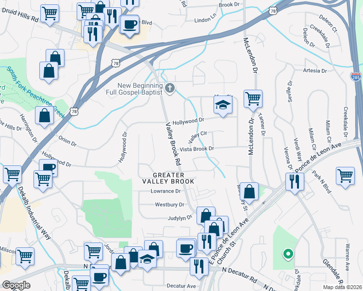 map of restaurants, bars, coffee shops, grocery stores, and more near 3021 Vista Brook Drive in Decatur