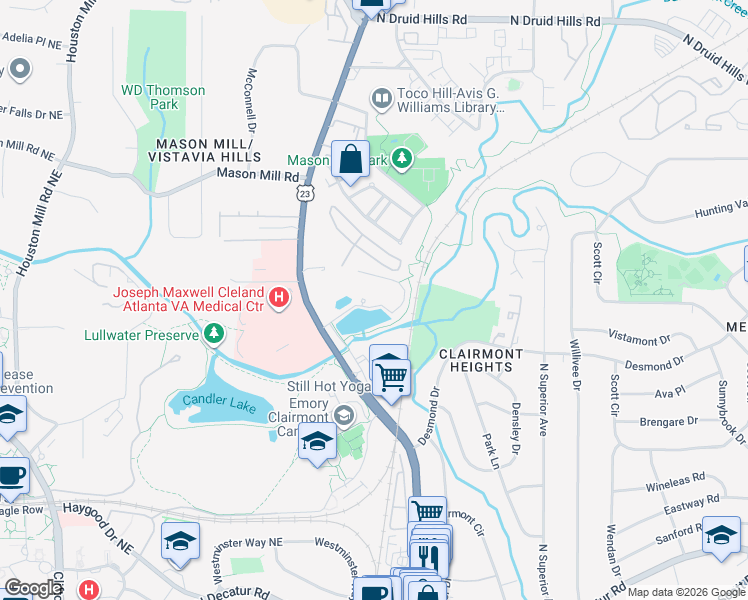 map of restaurants, bars, coffee shops, grocery stores, and more near 1757 Clairmont Road in Decatur