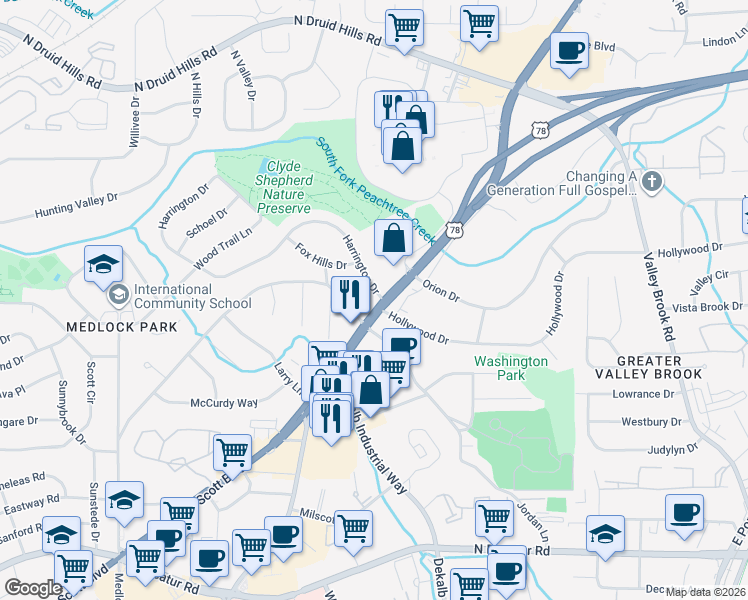 map of restaurants, bars, coffee shops, grocery stores, and more near 2755 Harrington Drive in Decatur
