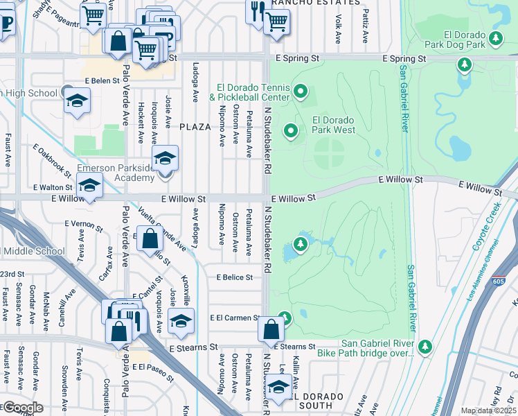 map of restaurants, bars, coffee shops, grocery stores, and more near 2547 North Studebaker Road in Long Beach
