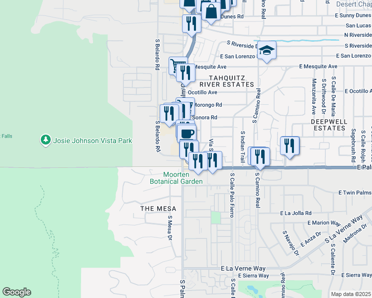 map of restaurants, bars, coffee shops, grocery stores, and more near 152 East Palm Canyon Drive in Palm Springs