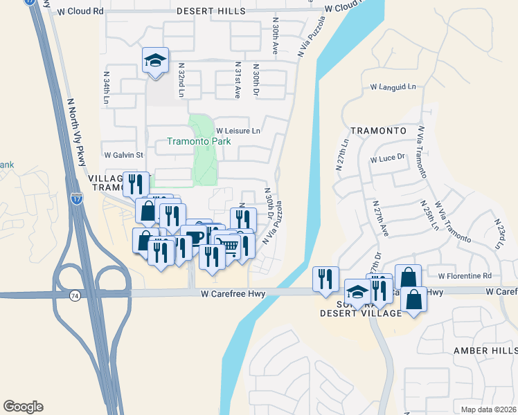 map of restaurants, bars, coffee shops, grocery stores, and more near 3014 West Ferruccio Place in Phoenix