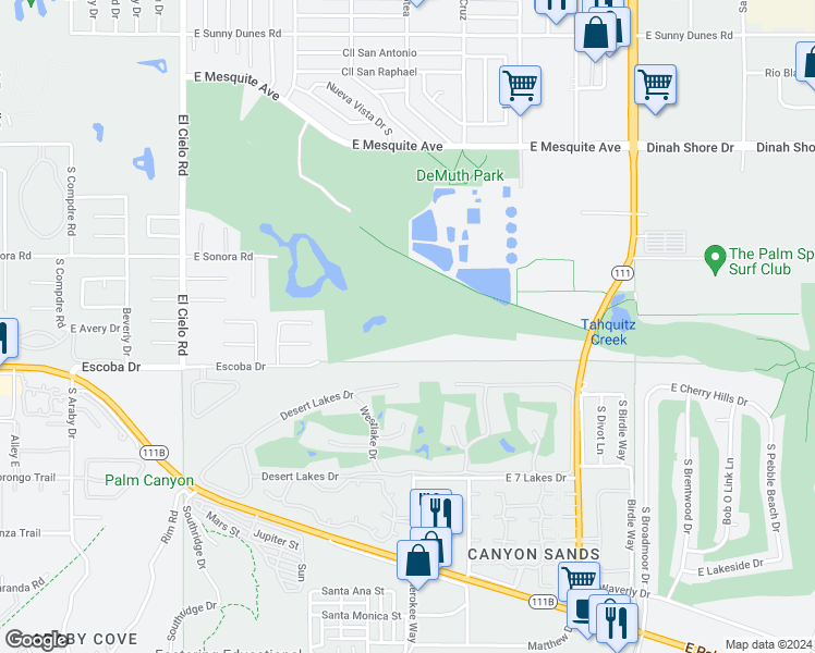 map of restaurants, bars, coffee shops, grocery stores, and more near 223 Desert Lakes Drive in Palm Springs