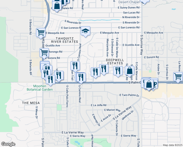 map of restaurants, bars, coffee shops, grocery stores, and more near 1025 East Suntan Lane in Palm Springs