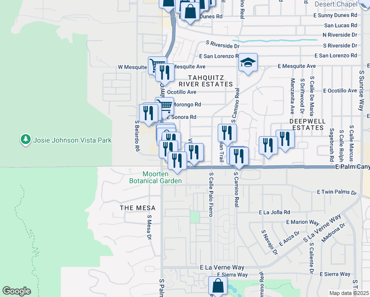 map of restaurants, bars, coffee shops, grocery stores, and more near 1634 South Vía Entrada in Palm Springs