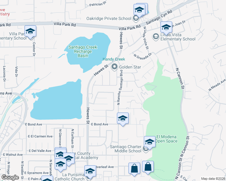 map of restaurants, bars, coffee shops, grocery stores, and more near 4745 East Swallow Avenue in Orange