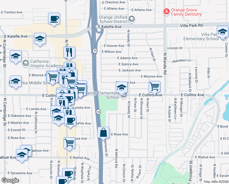 map of restaurants, bars, coffee shops, grocery stores, and more near 2230 East Jacaranda Avenue in Orange