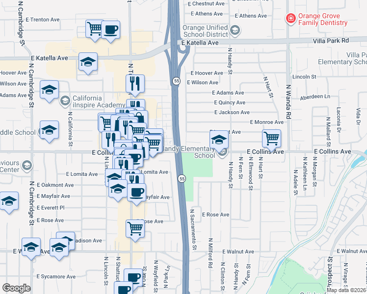 map of restaurants, bars, coffee shops, grocery stores, and more near 914 North Sacramento Street in Orange