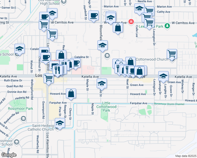 map of restaurants, bars, coffee shops, grocery stores, and more near 3952 Katella Avenue in Los Alamitos