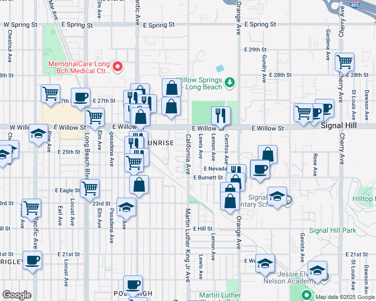 map of restaurants, bars, coffee shops, grocery stores, and more near 2480 California Avenue in Signal Hill