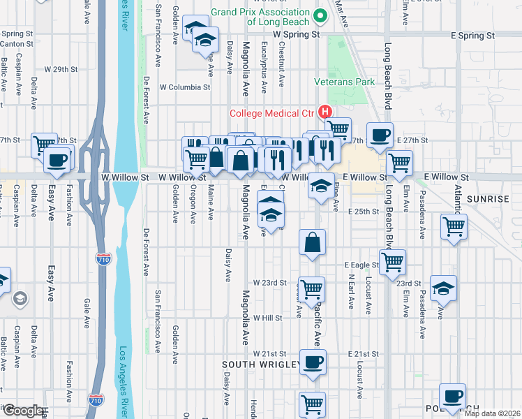 map of restaurants, bars, coffee shops, grocery stores, and more near 2489 Eucalyptus Avenue in Long Beach