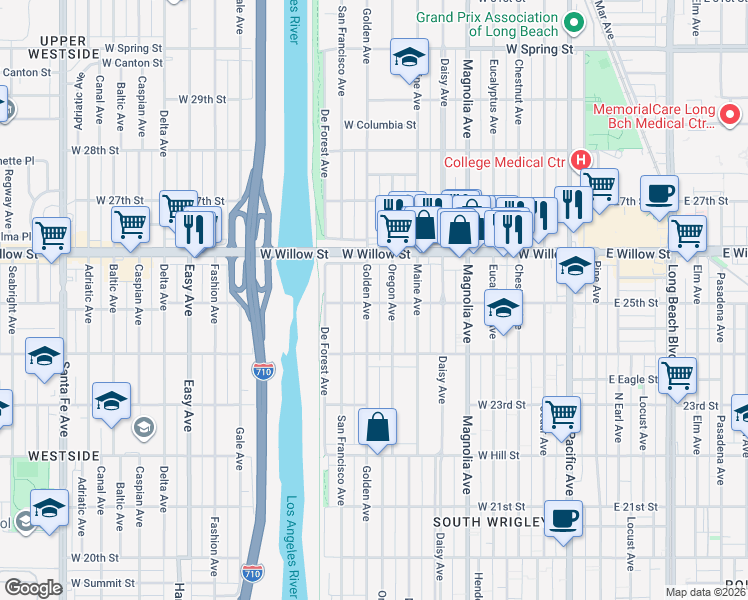 map of restaurants, bars, coffee shops, grocery stores, and more near 2495 Oregon Avenue in Long Beach