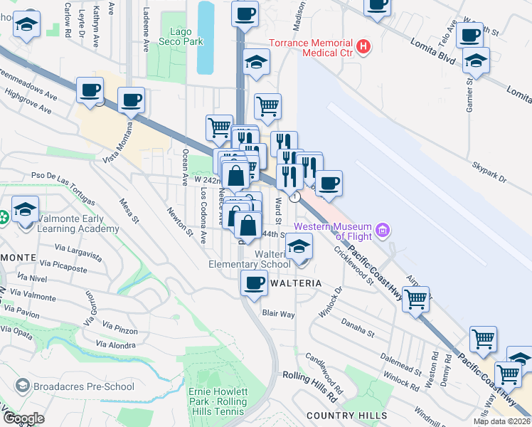 map of restaurants, bars, coffee shops, grocery stores, and more near 24255 Park Street in Torrance
