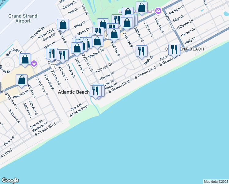 map of restaurants, bars, coffee shops, grocery stores, and more near 2601 South Ocean Boulevard in North Myrtle Beach