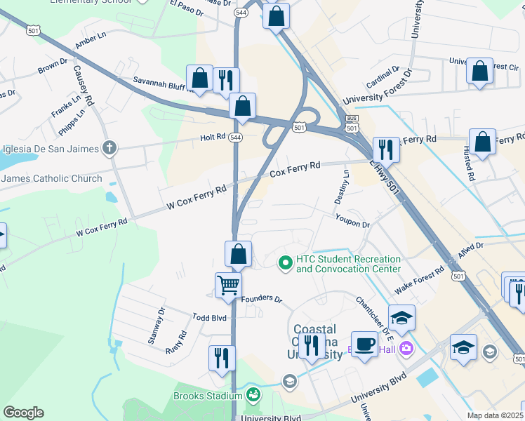 map of restaurants, bars, coffee shops, grocery stores, and more near 1854 Juniper Drive in Conway